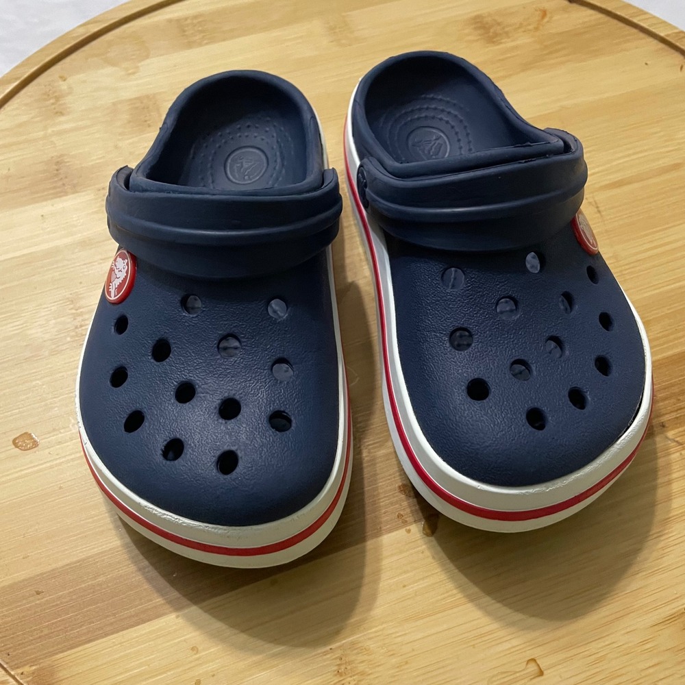 Crocs Clogs Kids‎ Size 8-9 Navy Blue Crocband Sporty Racing Stripe Slip On Shoes